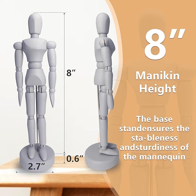 2-Pack 8" Wooden Mannequin Figures Artists Body Dolls Statue Human Action Drawing Model Posable Mini Art Manikin Stop Motion Figure, Wooden Dummy Gifts for Drawing, Painting, Sketching/Grey