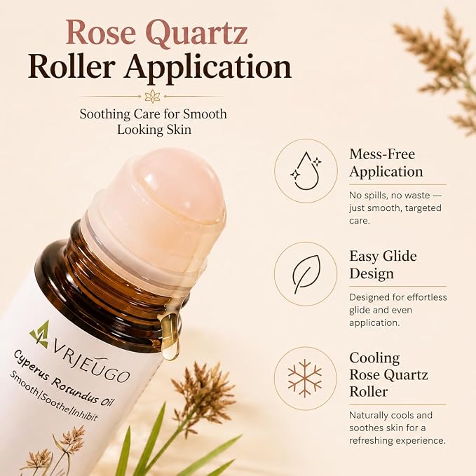 Cyperus Rotundus Oil Roll On for Hair Removal Aftercare, Rose Quartz Roller Botanical After Shave Oil Blend with Argan, Jojoba, Calendula, Lightweight Skin Care for Face & Body, 1.69 Fl Oz