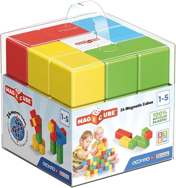 GEOMAG Premium Swiss-Made MagiCube 24-Piece Magnetic Stacking Cubes Building Set, Toddlers and Kids Ages 1-5, STEM Educational Toy, Creativity, Imagination, Early Learning Fun, Crystal Packaging