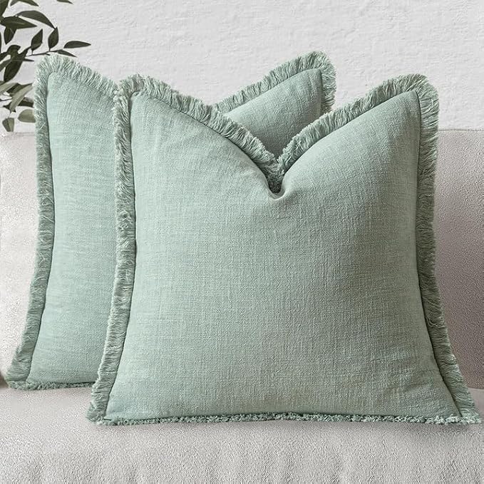 MIULEE Boho Linen Fringe Decorative Throw Pillow Covers Aqua Green 18x18 | Set of 2, Cottagecore Decor, Boho Farmhouse Neutral Pillow Covers, Rustic Couch Cushion Cases for Sofa Bed Living Room