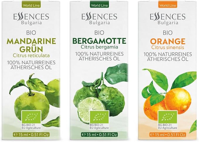 Citrus Set Organic Essential Oils |1.52 Fl Oz | Orange + Green Mandarin + Bergamot | 100% Pure and Natural | Undiluted | Therapeutic Grade | Non-GMO | (3 pcs x 15 ml)