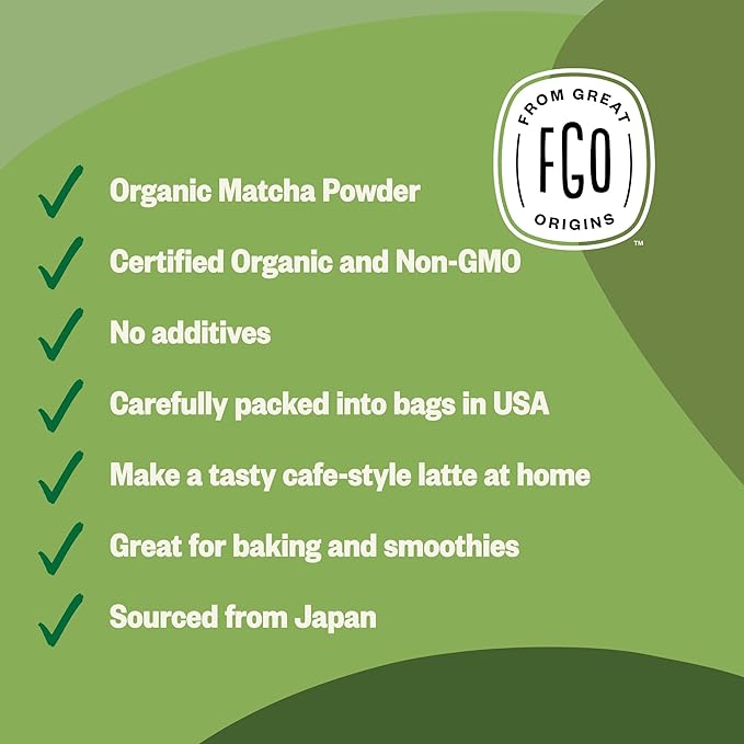 FGO Organic Matcha Green Tea Powder - Organic Matcha for Lattes, Smoothies & Baking - USDA Organic & Non-GMO - 16oz Resealable Bag