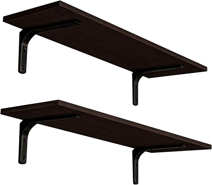 DINZI LVJ Long Wall Shelves, 31.5 Inch Wall Mounted Shelves Set of 2, Easy-to-Install, Floating Storage Ledges with Sturdy Metal Brackets for Living Room, Bathroom, Bedroom, Kitchen, Espresso