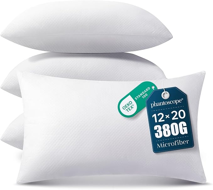 Phantoscope Pillow Inserts, Hypoallergenic 100% Virgin Fiber Square Form Microfiber Throw Pillow Inserts, Couch Bed Pillows, 12x20 Inch (Pack of 4) | 100% Virgin Fiber Hypoallergenic Lumbar Pillow Soft Throw Pillow Inserts, Lightweight Throw Pillows fo...