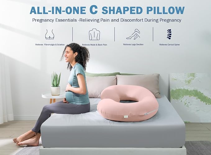 INSEN Cooling Pregnancy Pillow, Maternity Pillow with Soft Cotton Cover,C Shaped Pregnant Women and Side Sleeping, Bright Pink