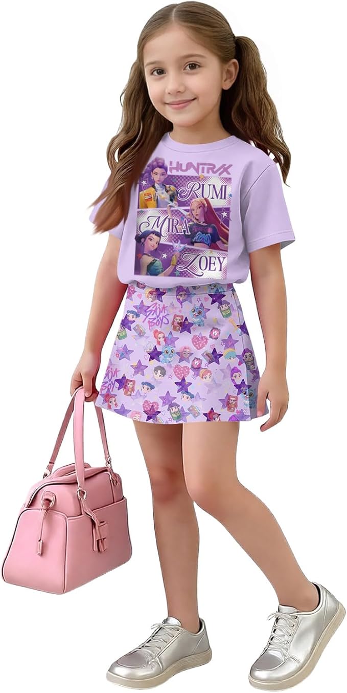HTHLVMD K Pop Short Sleeve T-Shirt and Skirts Outfits Set for Girls Hunters Rumi Mira Zoey Graphic Tees De-Mon Costume