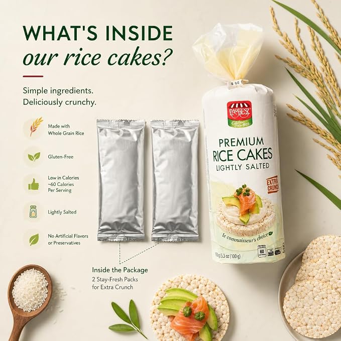 Only Kosher Candy Premium Rice Cakes Lightly Salted - Whole Grain, Gluten Free, Non-GMO, Low Calorie Healthy Snack - 60 Calories Per Cake - Round Thick Rice Cakes (Pack of 3)