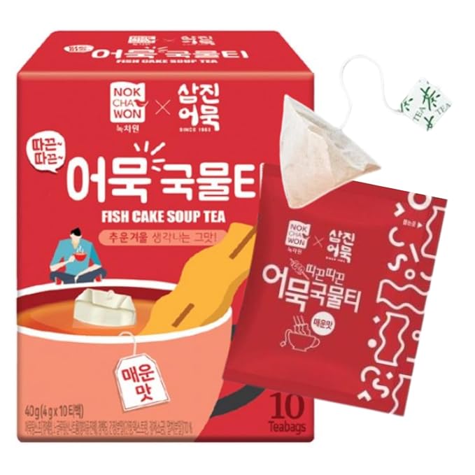 Spicy Korean Fish Cake Soup Tea Bags, Hot Anchovy Kelp Broth Tea, Korean Soup Base for Tteokbokki, Udon and Hot Pot, Warm Savory Eomuk Broth Drink, 10 Tea Bags