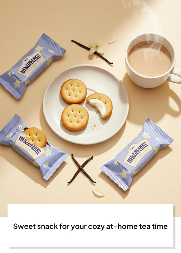 Korean Food CW Vanilla Sandwich Cookies Sweet Vanilla Cream 12 Packs 360g | Crispy sandwich cookies filled with sweet vanilla cream. Family pack includes 12 individual snack packs, 360g total.