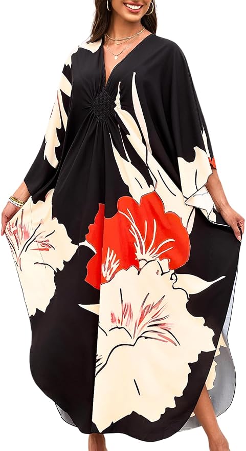 ChiaoLezhee Print Moo-Moos for Women, Kaftan Cover-Up Dresses, Sexy V-Neck High-Slit, Beach Pool-Party Coverups Muumuu Plus