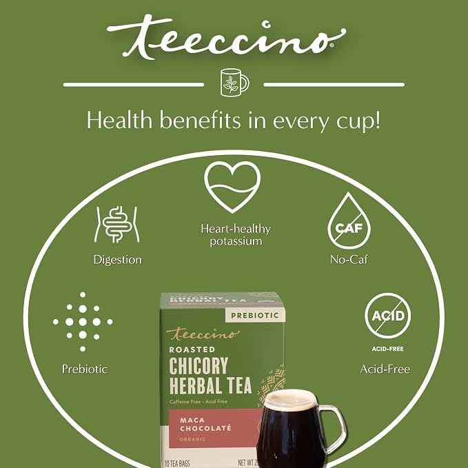 Teeccino Maca Chocolaté Herbal Tea - Rich & Roasted Herbal Tea That’s Caffeine Free & Prebiotic with Natural Energy from Adaptogenic Peruvian Maca, 10 Tea Bags