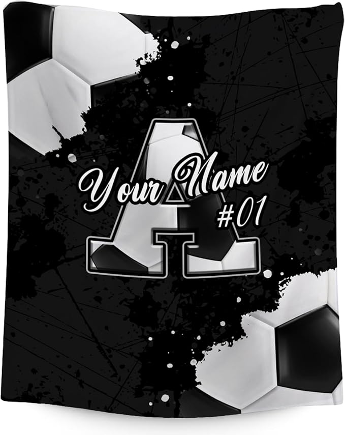 Custom Soccer Blanket - Personalized Initial Name Gifts for Boys Girls - Cozy Plush Sports Fleece Throw - 30x40 Inches Lap Blankets for Kids - Cool Ideas Decor for Soccer Lovers