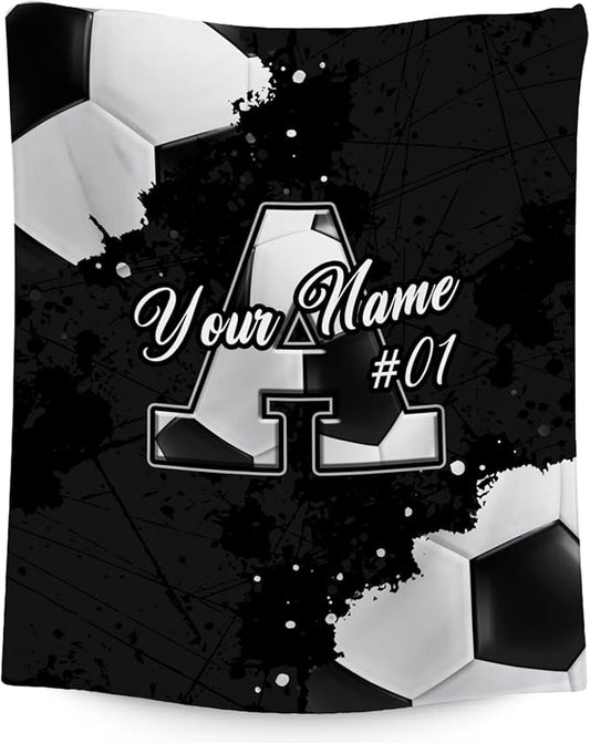 Custom Soccer Blanket - Personalized Initial Name Gifts for Boys Girls - Cozy Plush Sports Fleece Throw - 30x40 Inches Lap Blankets for Kids - Cool Ideas Decor for Soccer Lovers