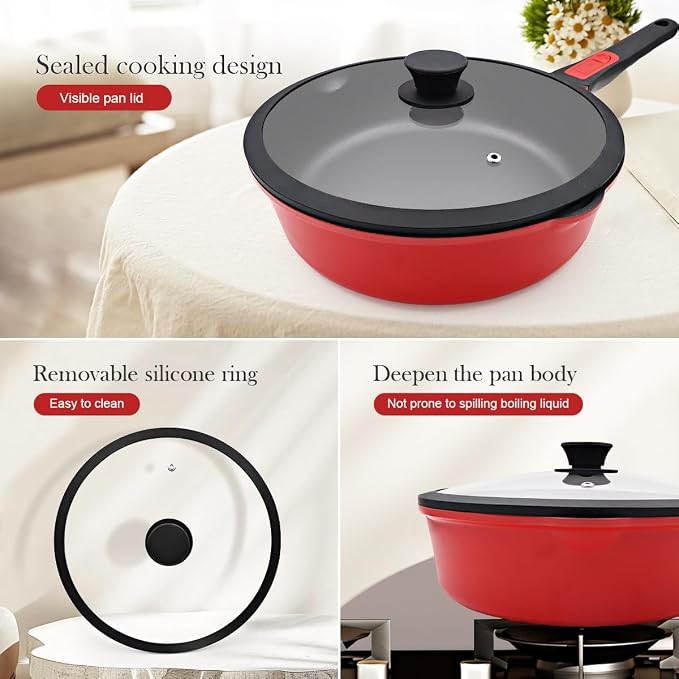 12 Inch Deep Frying Pan with Lid, Large Nonstick Skillet, 5 Qt Saute Pan with Detachable Handle, Compatible with All Stoves, Induction Ready, Oven Safe, PFOA Free, Red