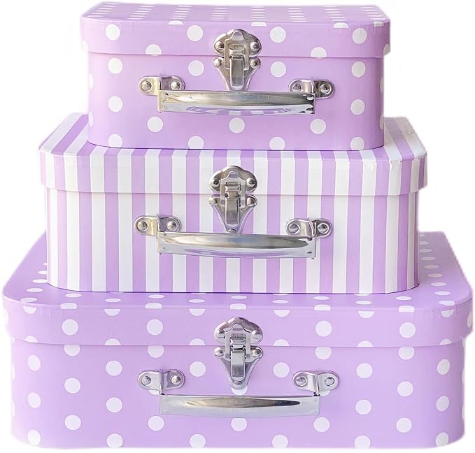 Paperboard Suitcases Set of 3, Cute Storage Box Nesting Gift Boxes with Lids for Christmas New Year, Wedding Birthday Party Home Decor, Mini Suitcase Favor Box (Purple Dots and Strips)