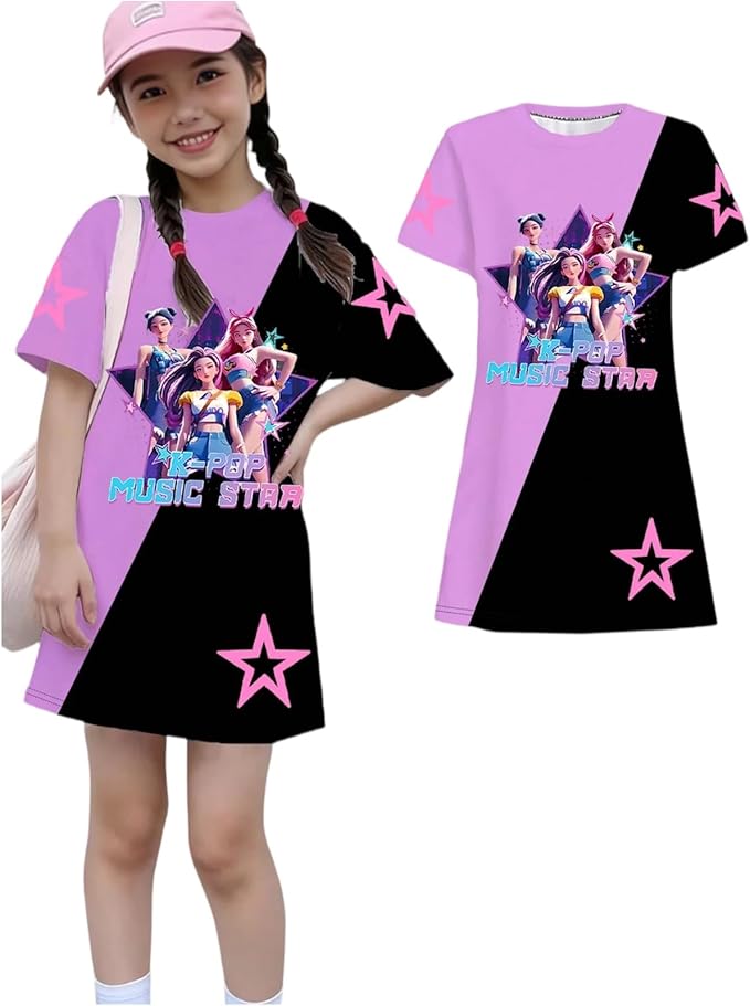 Girl's Anime K-POP Graphic Long Dress T-Shirt - Casual Loose Fit Short Sleeve Top