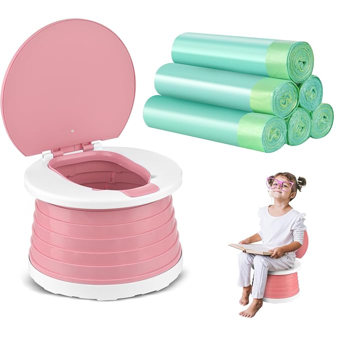 Portable Potty for Toddler Travel Foldable Potty Seat for Toddler Training Toilet for Kids Boys Girls Car Potty On The Go Potty Travel Potty Chair for Camping Park Indoor/Outdoor -105PCS Cleaning Bags