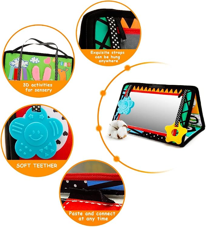 beetoy Tummy Time Toy for Infant, Newborn Sensory Toy 0 3 Months Baby Brain Development with Crinkle Mat Teether, High Contrast Baby Mirror Toys 2 4 5 0-6 Month Boys Girls Visual Muscles Shower Gifts