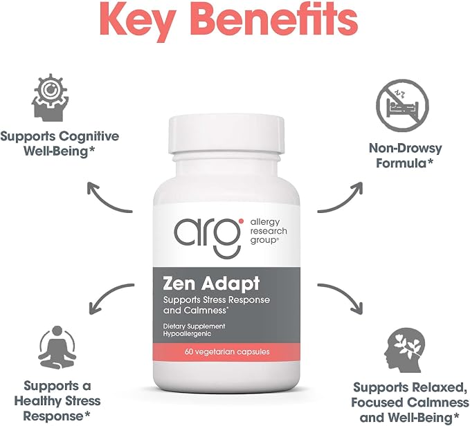Allergy Research Group Zen Adapt - 200 mg L-Theanine, 125 mg Ashwagandha & 550 mg GABA - Supports Stress Response and Calmness - Vegetarian Capsules - Hypoallergenic Formula - 30 Servings - 60 Count