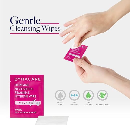 Dynarex HerCare Necessities Menstrual Kits - 50 Count Period Kits with 2 Tampons, 2 Maxi Pads, 2 Feminine Hygiene Wipes - Travel Essentials for Women & Teens