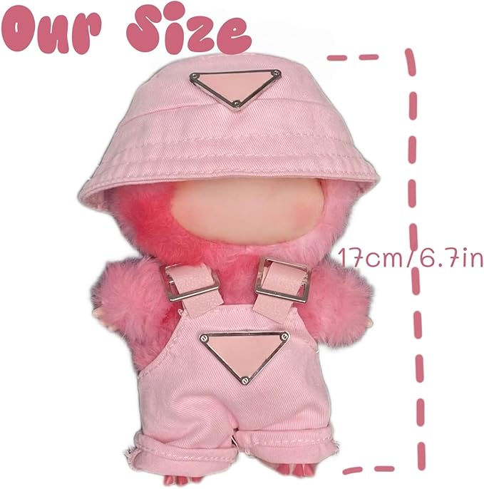 Clothes for 17cm Dolls(NO Doll)，Premium Handmade Clothes，Adjustable Kawaii Outfits for Clothes Set，Dolls Keychain Accessories，Bucket Hat+Overalls (Pink)