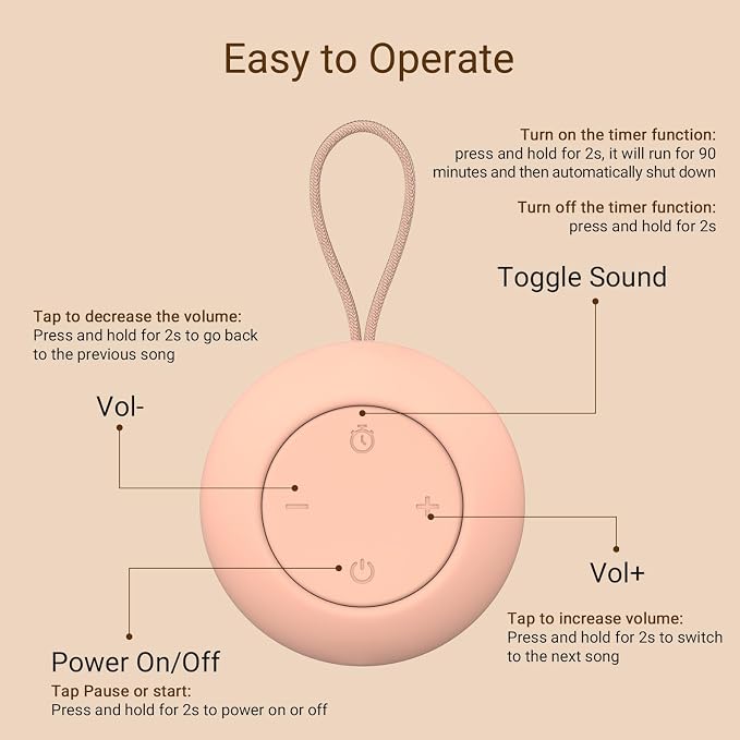 Portable Baby Sound Machine [White Noise for Babies Kids Adults][Timer Function][12 Soothing Sounds][Sleep Boombox] 15 Hours Battery Life, Travel,Registry,Gifts,Shower,Clips on Baby Stroller.Peach