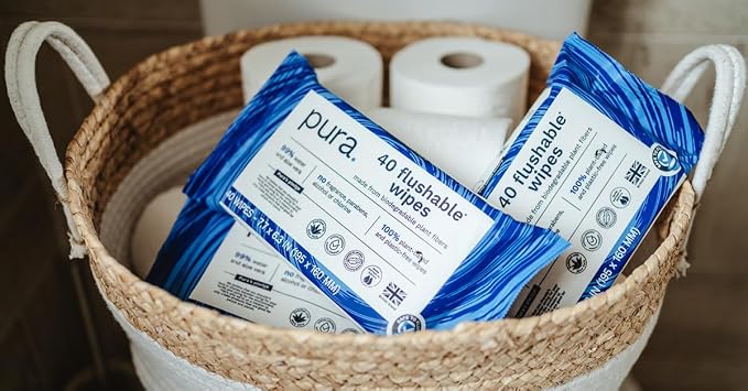 Pura XL Flushable Adult Wipes Unscented, Extra Large Family Wet Wipes with Aloe Vera & 99% Water, Sensitive Skin, 12 Pack of 40 (480 Wipes), Personal Hygiene Toilet