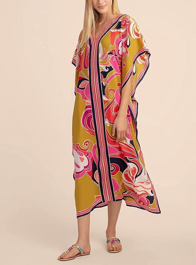 Venasha Womens Caftan Floral Print Kaftan Dress Short Sleeve Swimsuit Cover up Loungewear for Summer