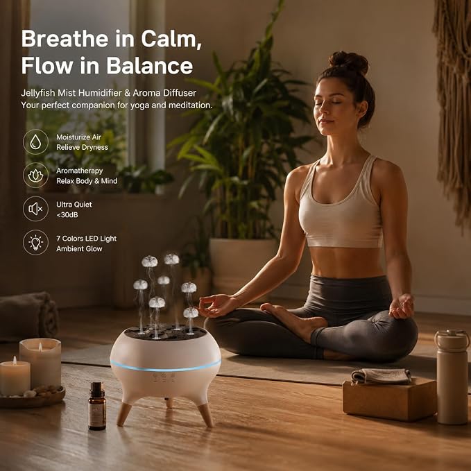 Jellyfish Essential Oil Diffuser, 250ml Aroma Diffuser Humidifier with Remote Control, 7-Color LED Lights, 4/8H Timer, Sound Activated Mist Ring Mode, Cool Mist Diffuser for Bedroom, Desk, Office