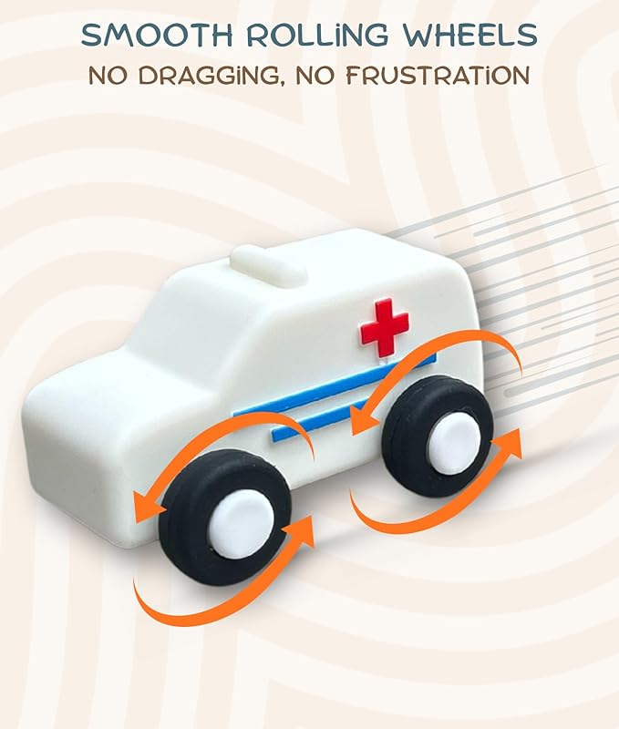 Silicone Toy Cars for Kids Ages 3+ – Soft, Safe Non-Toxic Silicone Cars with Smooth Rolling Wheels, Quiet Play 5-Piece Vehicle Set, Food Grade Silicone