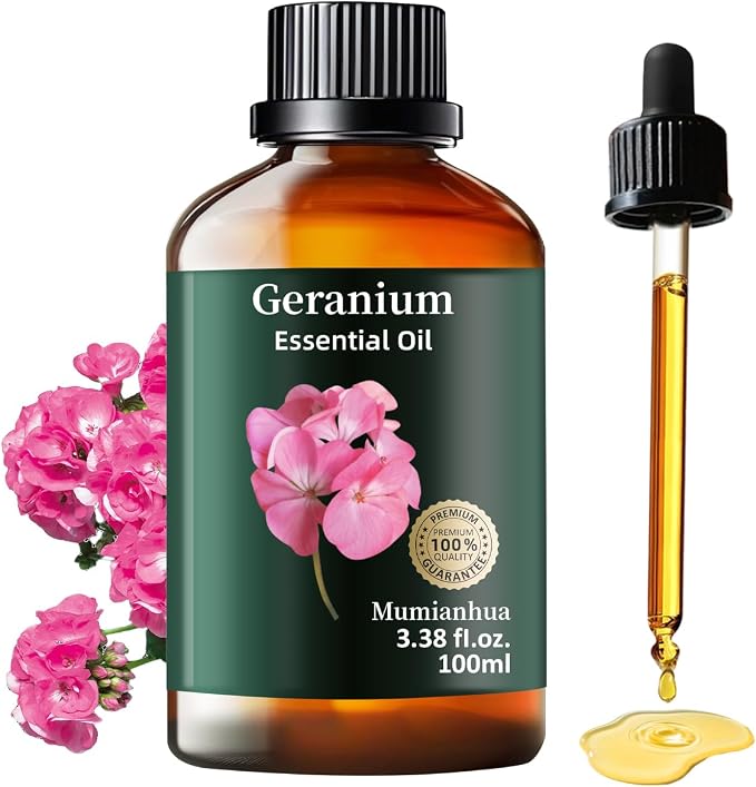 Geranium Essential Oil, Floral Scent, Outdoor & Skin Care, 3.38 Fl Oz | Mumianhua Rose Geranium Oil, Steam-Distilled. Sweet, Rose-Like Aroma. For Garden Spray, Diffuser, Skin, Hair & DIY