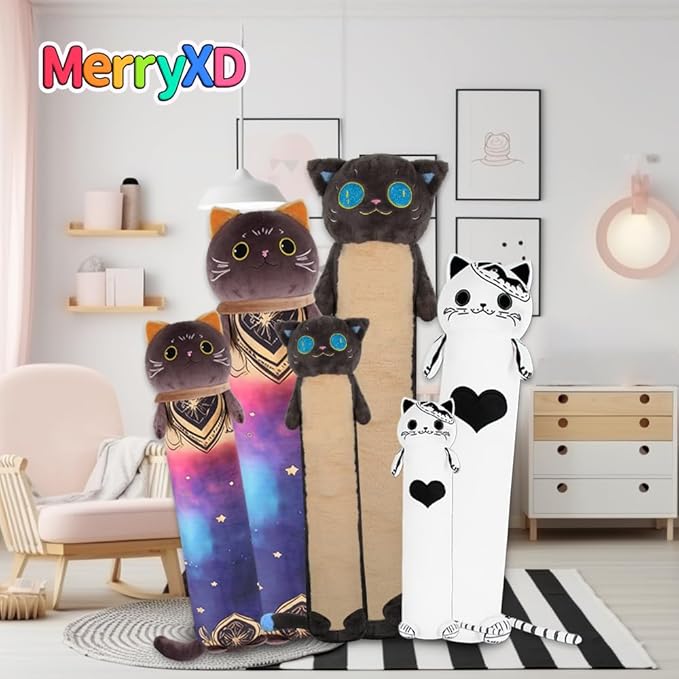 MerryXD Long Cat Plush Kawaii Body Pillow, 28” Cute Black Cat Stuffed Animals Soft Plushies, Big Eyes Kitten Plush Toys Throw Pillow Doll Gift for Girlfriend,Birthday,Christmas,Halloween