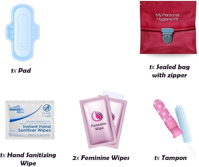 3 x Menstrual All-in-One Kits - Assorted Colors | Convenience on The Go | Single Period Kit Packs | Individually Wrapped Feminine Hygiene Products (Green Ferns/Red Purse/Under the Sea)