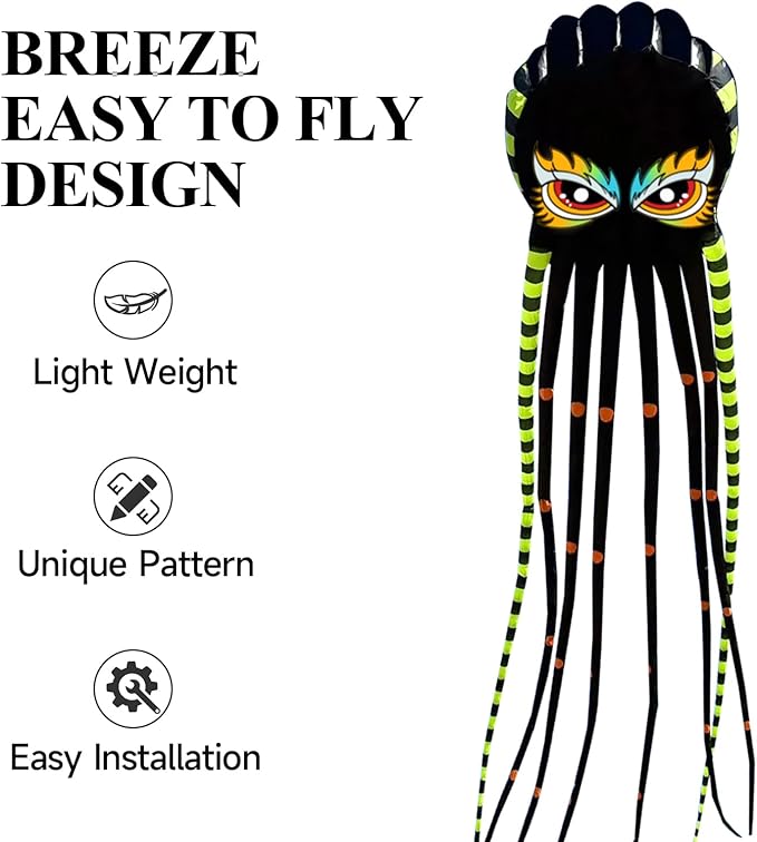 Kites for Adults Giant Octopus Kite 26ft for Outdoor Fun Large 3D Kite with Reel for Beach, Park, and Family Gatherings - Durable Design Easy to Fly