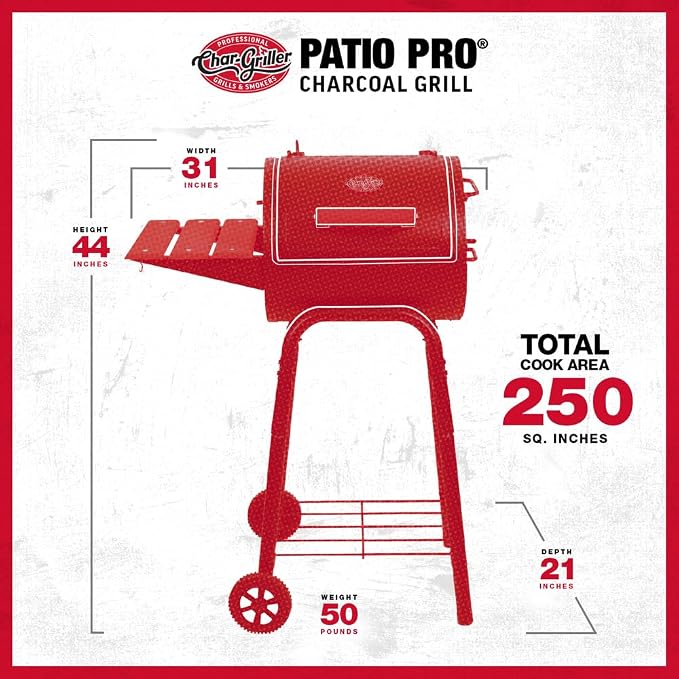 Char-Griller® Patio Pro Charcoal Grill and Smoker with Cast Iron Grates, Premium Metal Shelf and Damper Control, 250 Cooking Square Inches in Black, Model 1616