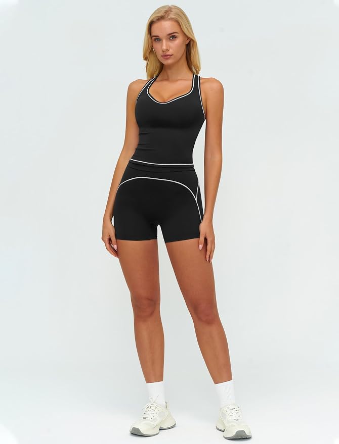 QBGJTD Two Piece Workout Sets for Women Color Block Racerback Tank Tops and High Waist Shorts Gym Yoga Outfits