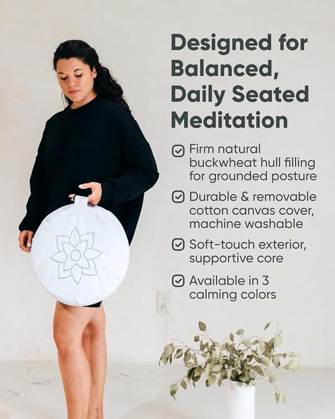 Mindful & Modern Large Meditation Cushion for Zafu Yoga - Meditation Pillow for Sitting on the Floor - Buckwheat Hull Filled Yoga Cushion with Removable, Washable 100% Cotton Cover and Carry Handle