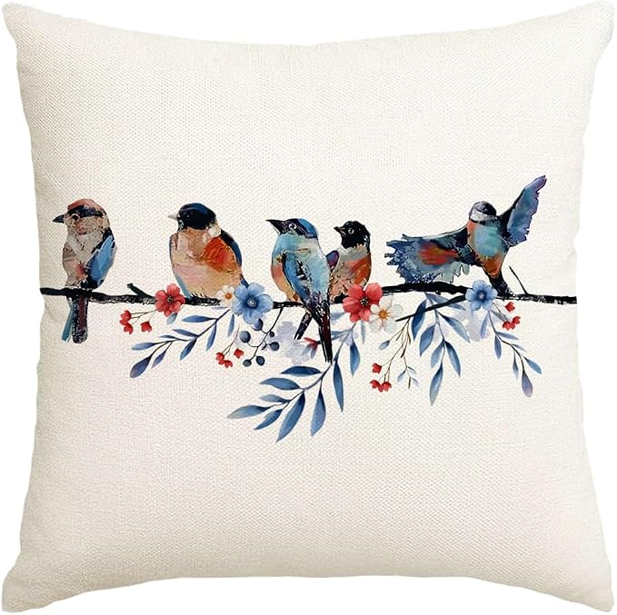 RABUSOFA 4th of July Memorial Day Patriotic Throw Pillow Cover,20x20 Inch Red White and Blue Birds Flowers Independence Day American Fourth of July Decoration for Sofa Couch