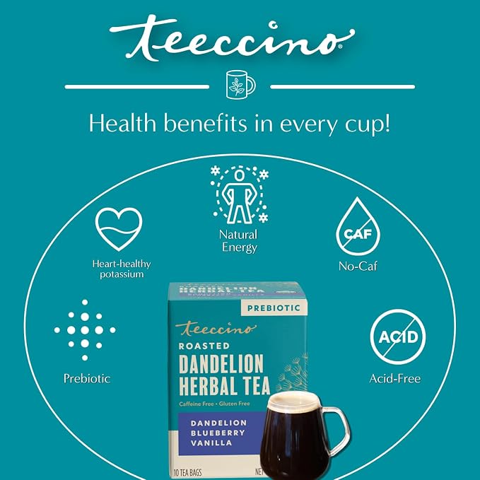 Teeccino Dandelion Blueberry Vanilla Herbal Tea, 10 Count - Rich & Roasted Herbal Tea That’s Caffeine Free & Prebiotic for Natural Energy, Coffee Alternative