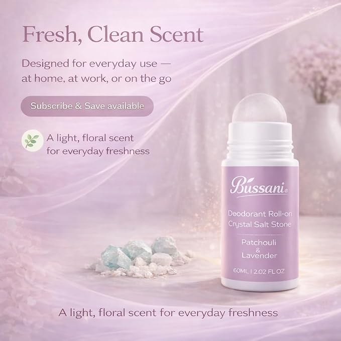 Bussani Women's Roll-On Deodorant – 24H Fresh Odor Protection, No White Marks, Gentle on Skin, Aluminum & Baking Soda Free, Crystal Salt Stone, Patchouli Lavender, 2.02 oz