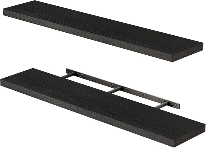 Fixwal Floating Shelves for Wall, 47.2" Long Heavy Duty Wall Mounted Rustic Wood Shelves for Living Room, Bedroom, Bathroom and Kitchen, Wall Shelves for Storage, Books, Room Decor (Black, Set of 2)