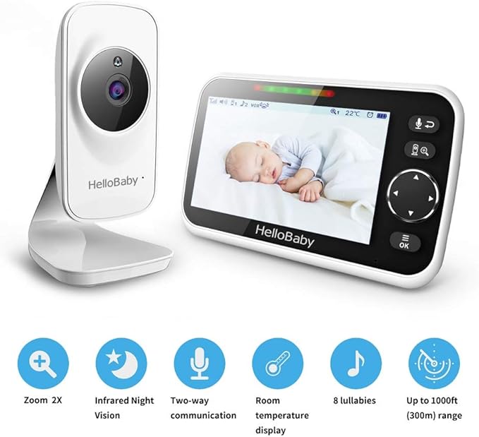 HelloBaby Video Baby Monitor with Camera and Audio, 5" Color LCD Screen, Monitor Camera, Infrared Night Vision, Temperature Display, Lullaby, Two Way Audio and VOX Mode