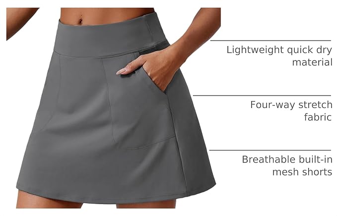 PINSPARK 17" Golf Skorts for Woman High Waisted Tennis Skirt with 4 Pockets | Lightweight, Quick Dry, 4-Way Strecth, Breathable, Tummy Control, UPF 50+ Athletic Skort for Workout, Pickleball, Gym, Casual
