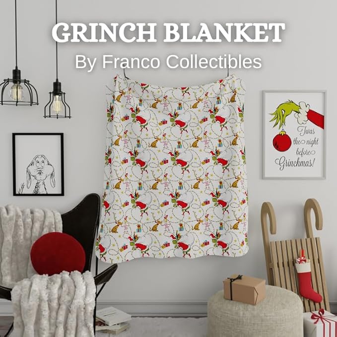 Dr. Seuss The Grinch Holiday Bedding Super Soft Plush Micro Raschel Blanket, 90 in x 90 in, (Official Licensed Product) By Franco