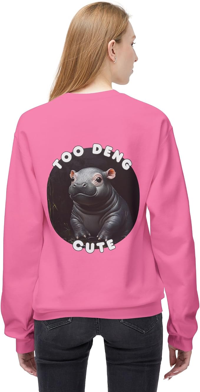 Unisex Fleece Crewneck Sweatshirt - Too Deng Cute Moo Deng Hippo, Cozy Cotton Blend, Classic Relaxed Fit