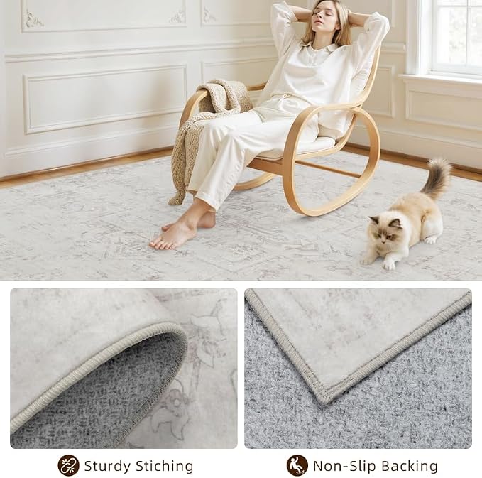 Area Rugs 9x12 Living Room: Vintage Boho Neutral Washable Rug Indoor Soft Large Area Rug Carpet for Bedroom Nursery Farmhouse Dining Room Office Floor Non-Slip Low Pile Under Table Neutral Cream