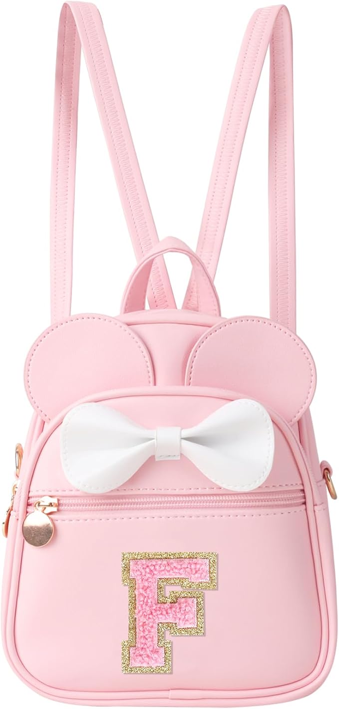 Personalized Toddler Backpack for Girls 3–10, Cute Mini Bowknot Mouse-Ear Toddler Bookbag Crossbody Purse, Small Daypack Wallet Set, Initial Birthday Gift, Trendy Little Kids/Teen Bag(Pink,F)