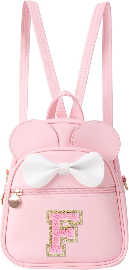 Personalized Toddler Backpack for Girls 3–10, Cute Mini Bowknot Mouse-Ear Toddler Bookbag Crossbody Purse, Small Daypack Wallet Set, Initial Birthday Gift, Trendy Little Kids/Teen Bag(Pink,F)
