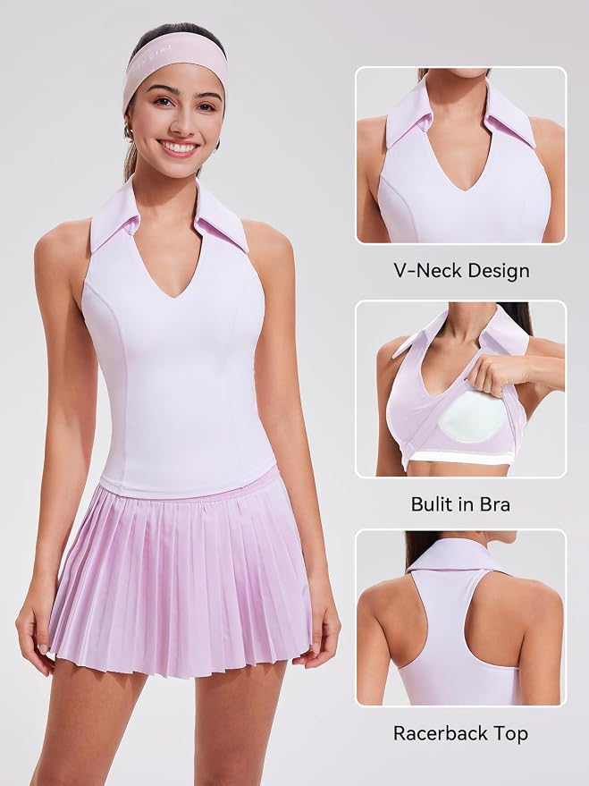 Women 2 Piece Tennis Skirt Set Polo Golf Outfits Racerback Tank Top Pleated Skort with Pockets Summer Workout Athletic Dress