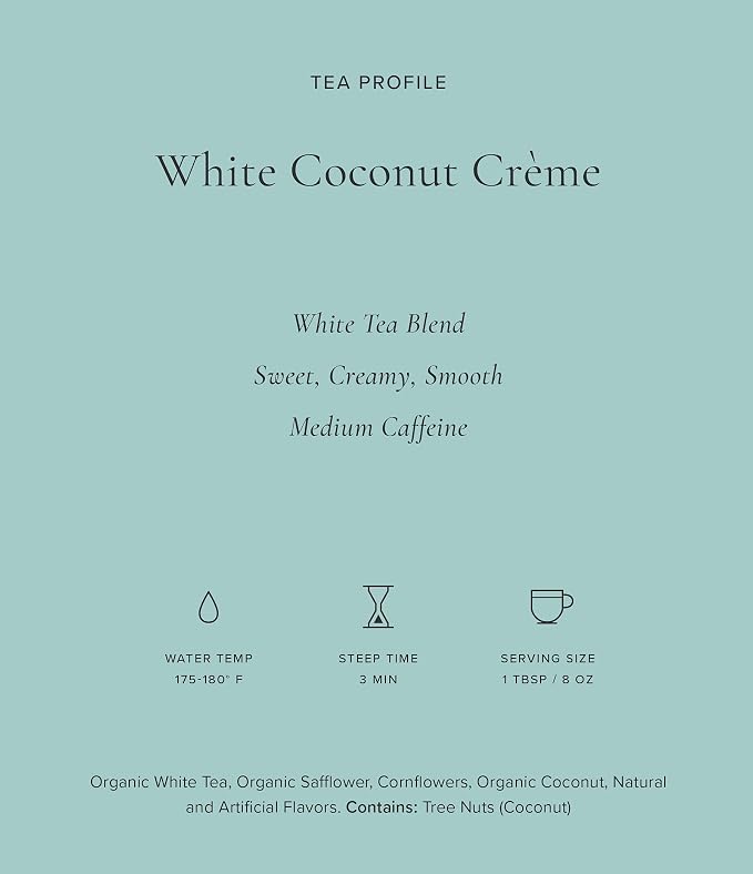 Art of Tea White Coconut Crème Tea 1.5oz Loose Leaf Tea Tin, Premium White Tea Blend with Coconut & Floral Botanicals, Smooth Tropical Dessert Tea, Hot or Iced Gourmet Tea